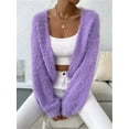 thumbnail image 2 of Women'S Cropped Loose Plush Long Sleeve Open Front Knitted Cardigan Purple L, 2 of 8