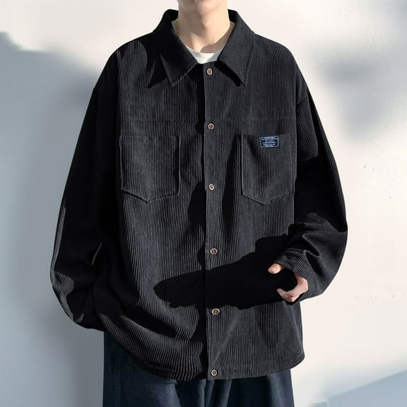 Tawop Mens Coats Cargo Long Sleeve Hoodless Casual Corduroy Solid Mens Gift,Black,L