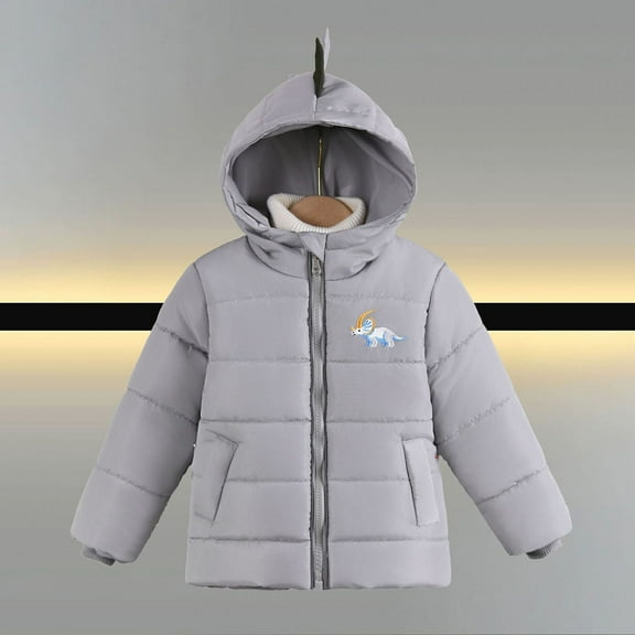 fnnxnal Warm Dinosaur Toddler Jacket - 4T Gray Padded Coat with Horn Hood, Zip-Up, Cold Weather Outerwear for Little Kids