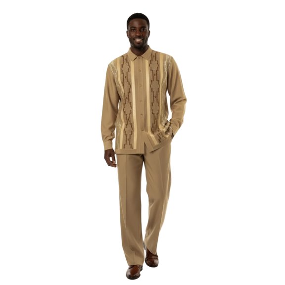 Men Silversilk 2pc Fancy walking leisure suit Italian woven knits 4407 Cafe Tan