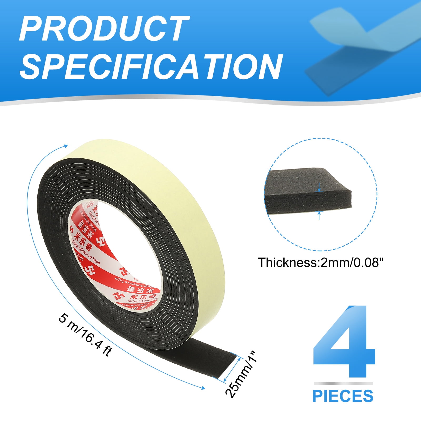 1 Inch x 16.4 Ft Weather Stripping Door Seal Strip, 4 Roll 2mm Thick EVA Self Adhesive Foam Seal Tape for Door Window Insulation, Black