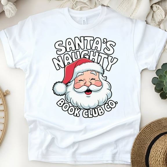 Santa’s Naughty Book Club Co. Shirt | Funny Reading Holiday Tee, White, Size S