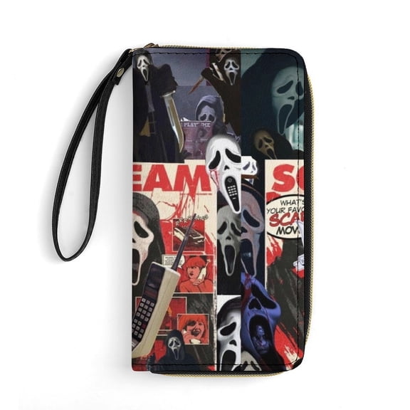 Ghostface Leather Wallet with Wristlet Credit Card Holder Zipper Clutch Stylish Purse for Women Men