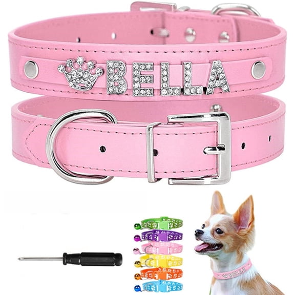 Newborn Personalized Customized PU Leather Glitter Rhinestone Bling Name Collar for Dogs & Puppies,Pink,s