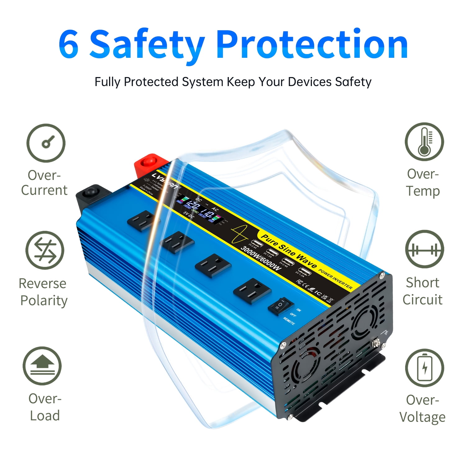 LVYUAN 3000W Pure Sine Wave Power Inverter 6000W Peak DC 12V to AC 110V Car Converter with LCD Display, Remote Control, 4 AC & 4 USB Ports, for Car, RV, Truck, Camping, Off-Grid, Home Backup Blue