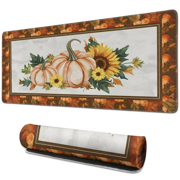 Thanksgiving Day Large Gaming Mouse Pad Extended Fall Pumpkin Sunflower Mouse Pads with Stitched Edges, Washable, Non-Slip Base Water Resist Keyboard Pad for Gamer, Office & Home, 31.5 X 11.8 in