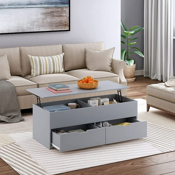 HOMEFORT 45.3" Wood Lift Top Coffee Table with 2 Drawers and Hidden Compartment, Cocktail Table, Grey