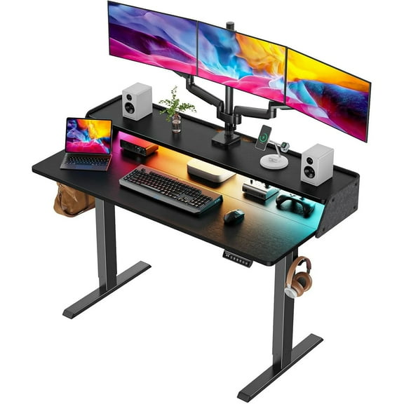 CHITOOMA 55″ x 28″ Electric Standing Desk with Storage Shelf, Height Adjustable Sit Stand Desk with RGB LED Strip & Monitor Stand, Computer Desk for Home Office, Black