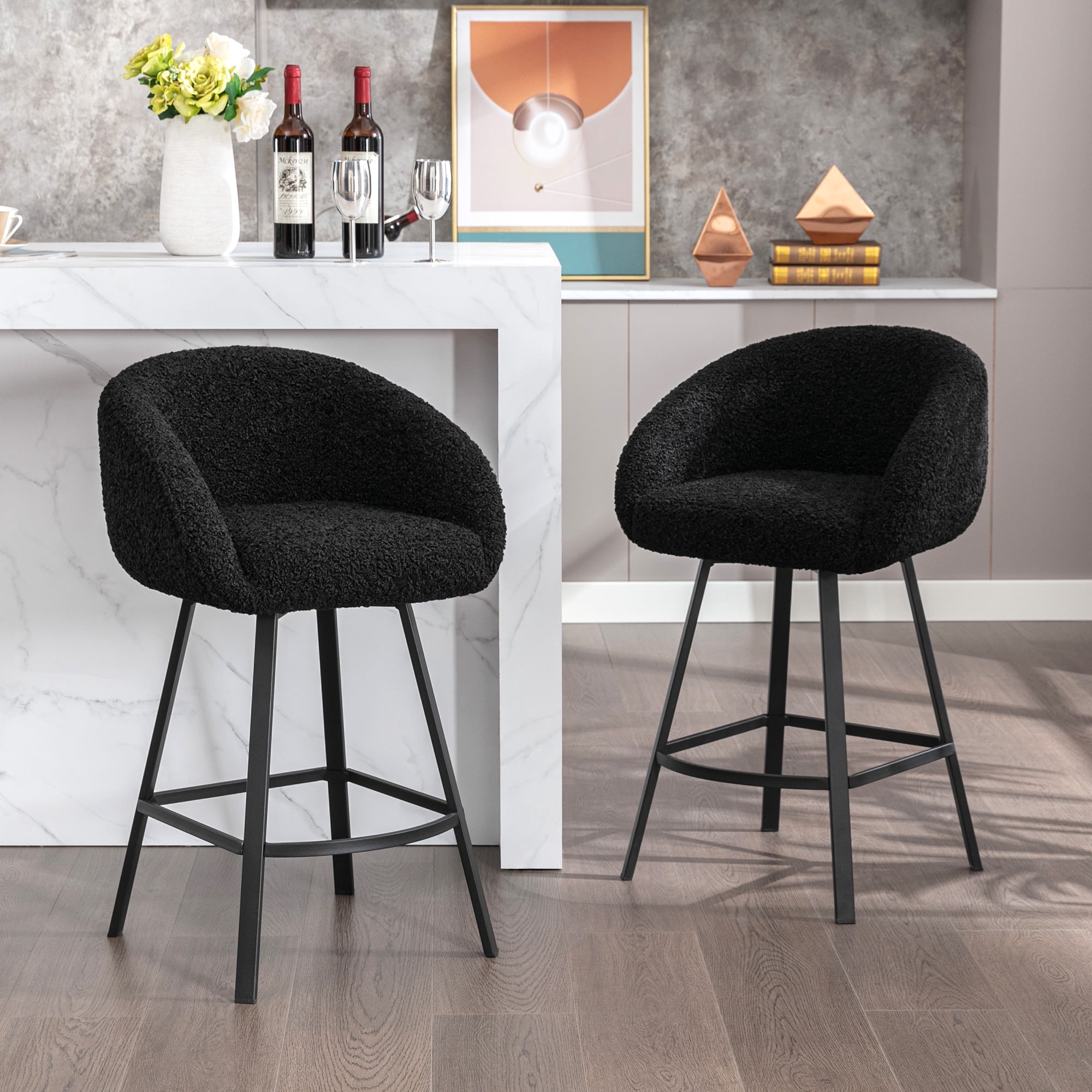 Zesthouse Swivel Counter Height Bar Stools Set of 1, 26.4" Counter Height Sherpa Upholstered Barstools with Barrel Back and Arms, Modern Counter Stool for Pub Kitchen Island, Black
