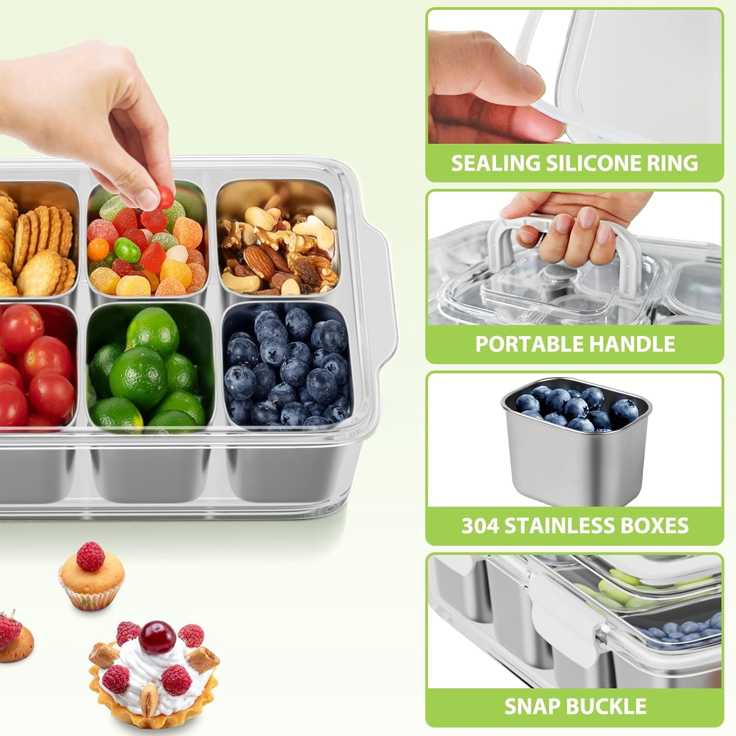 Snackle Box Container 2Pcs, Cuopluber Stainless Steel Divided Serving Tray with Lid and Handle, 8 Compartment Portable Snack Platters, Clear Storage Organizer for Fruit Candy Nuts Veggie