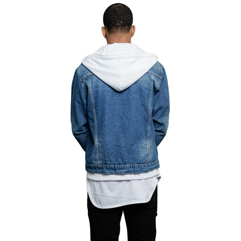 Victorious Men's Hoodie Layered Ripped Denim Jacket with Removable Hood  DK140 - Indigo/White - Small 