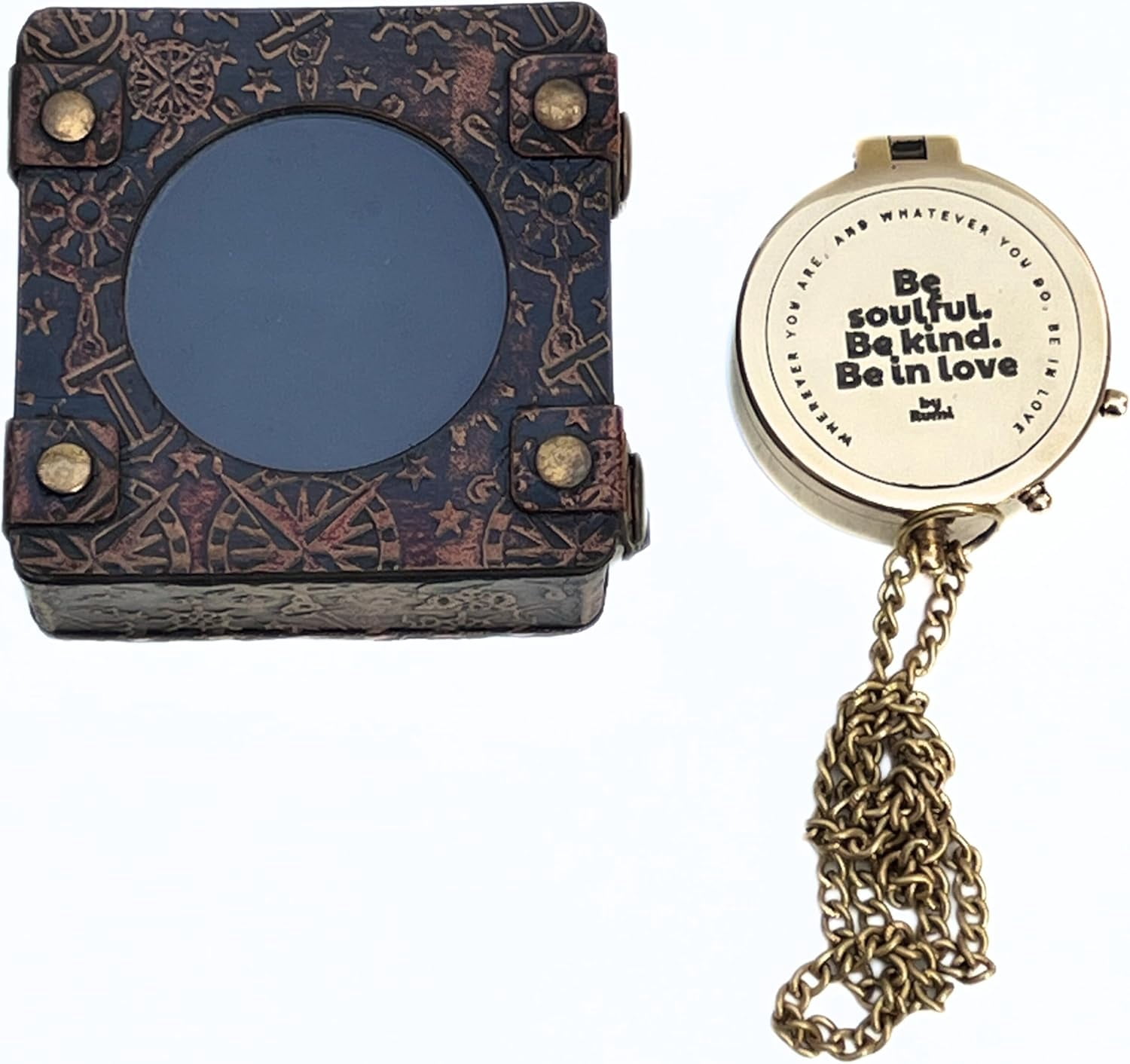 Vintage Directional Shiny Brass Magnetic Flat Compass with Leather Case Motivational Quote Engraved Pocket Compass for Hiking Rustic Vintage Home Decor Gifts