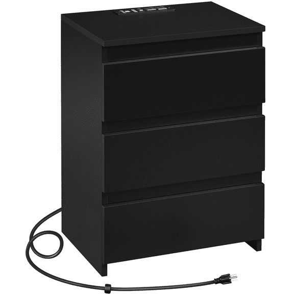 Renwick Minimalistic 3-Drawer Nightstand with Charging Station for Bedroom, Adults, Black