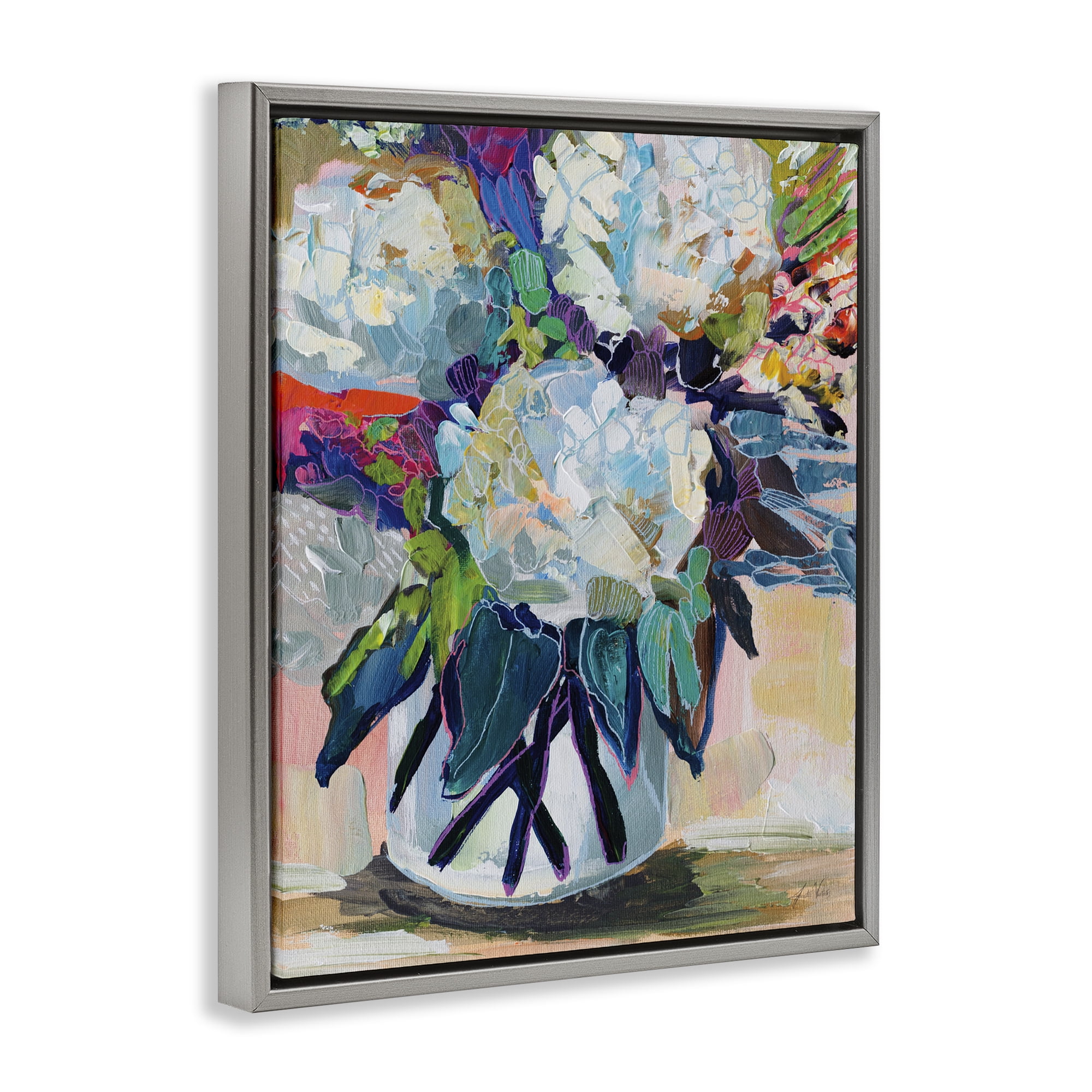 Stupell Industries Summer Blooming Bouquet Plants & Flowers Painting Gray Floater Framed Canvas Art Print Wall Art, 17 x 21