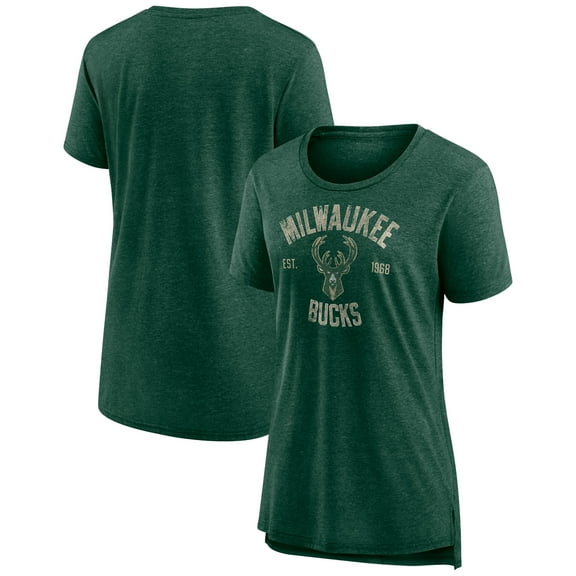 Women's Heather Hunter Green Milwaukee Bucks Heritage Tri-Blend T-Shirt