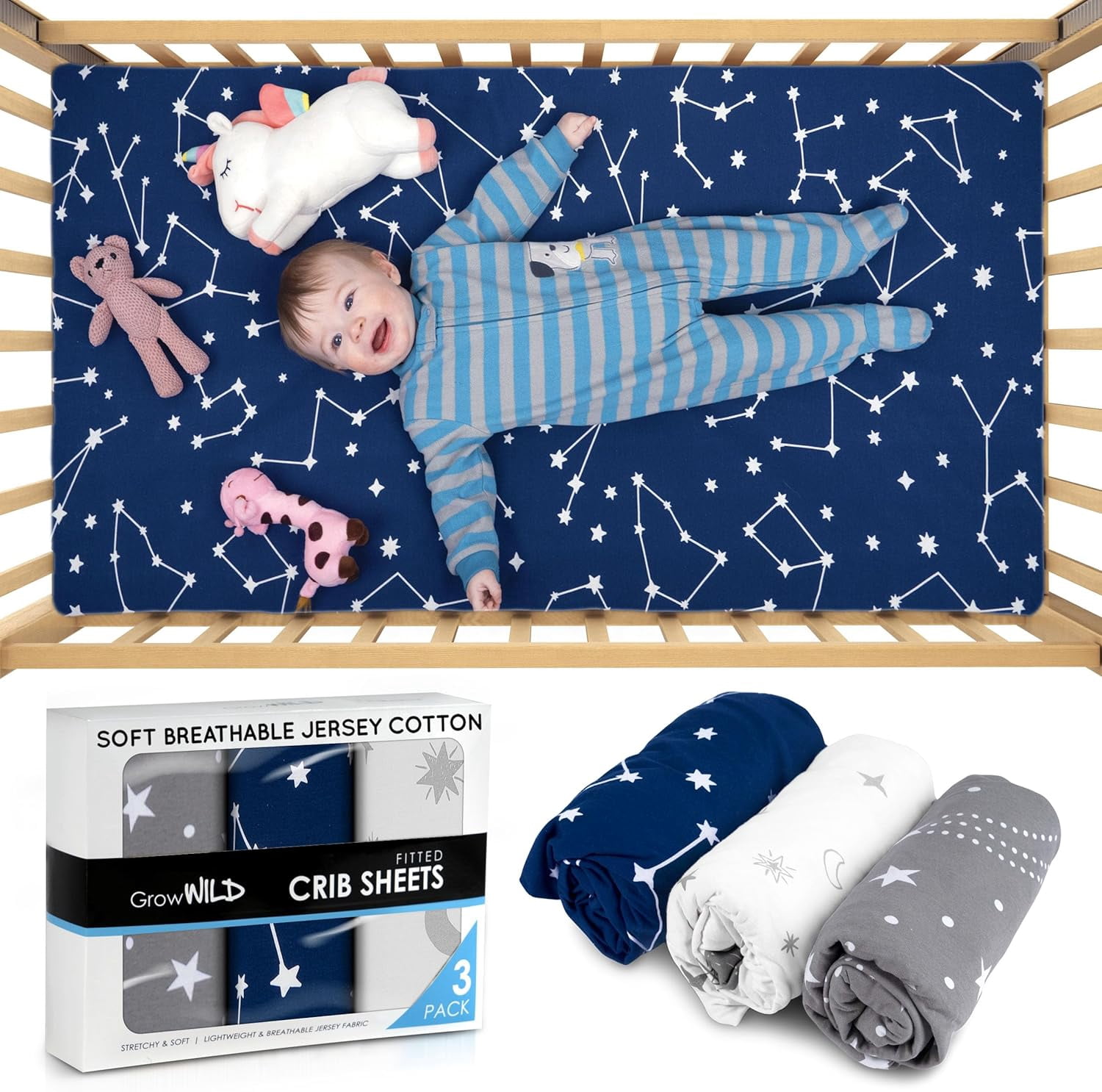 GROW WILD Crib Sheets For Boys or Girls | 3 Pack Soft Stretchy Jersey Cotton Fitted Crib Sheet Neutral | Grey White Navy Blue Baby Crib Sheets For Girl, Crib Mattress Sheet or Toddler Bed Sheets