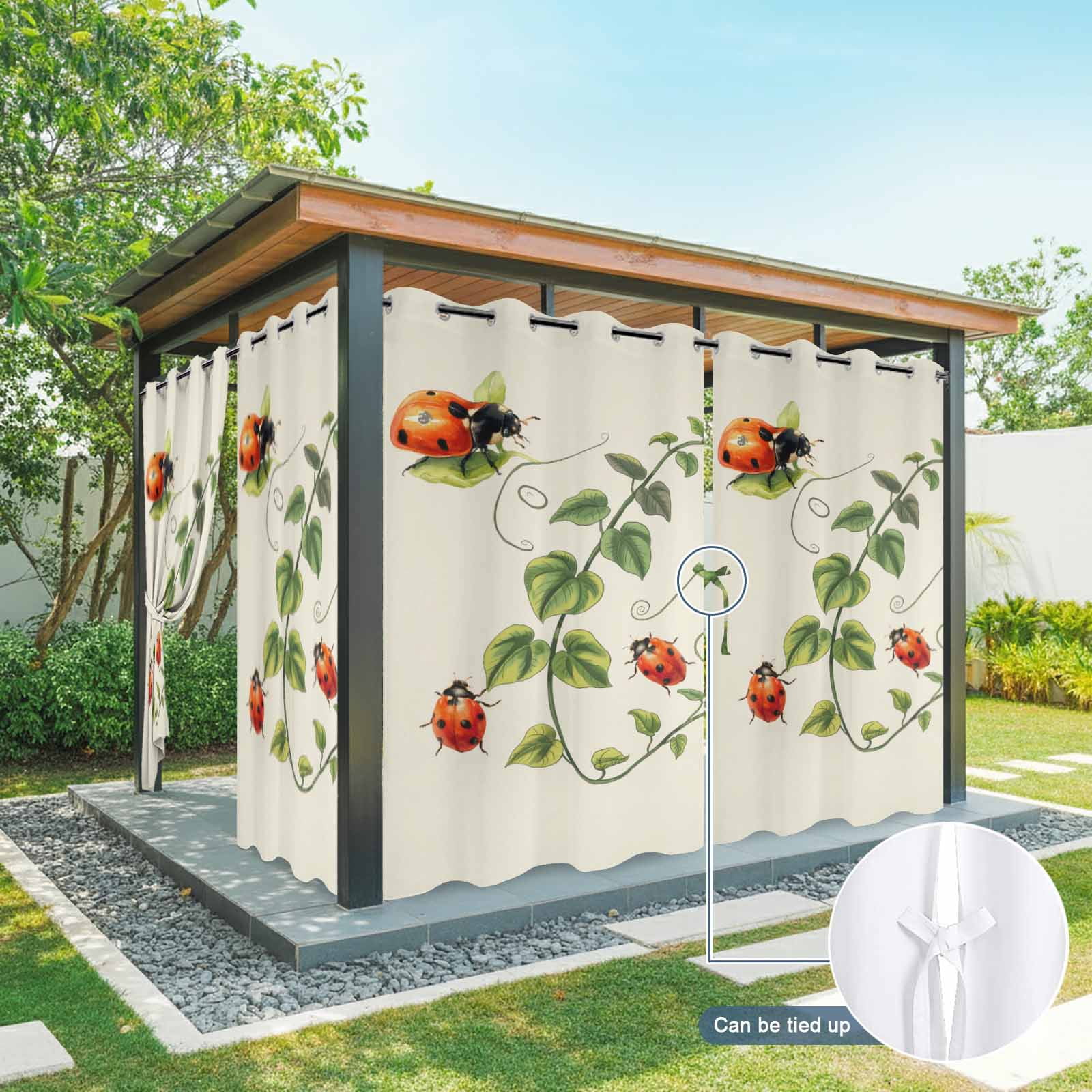 Outdoor Curtains for Patio Waterproof, Ladybugs Eucalyptus Outdoor Privacy Panels Grommet, Spring Botanical Leaves Green Blackout Outside Curtains for Porch/Cabana/Pergola/Gazebo 54"x108", 2 Panels
