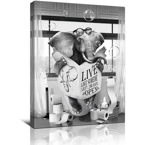 Elephant Canvas Wall Art Funny Animal Canvas Black And White Bathroom Wall Decor Kids Bathroom Decor Farmhouse Bathroom Wall Decor Elephant Bathroom Painting Modern Decor Unframed