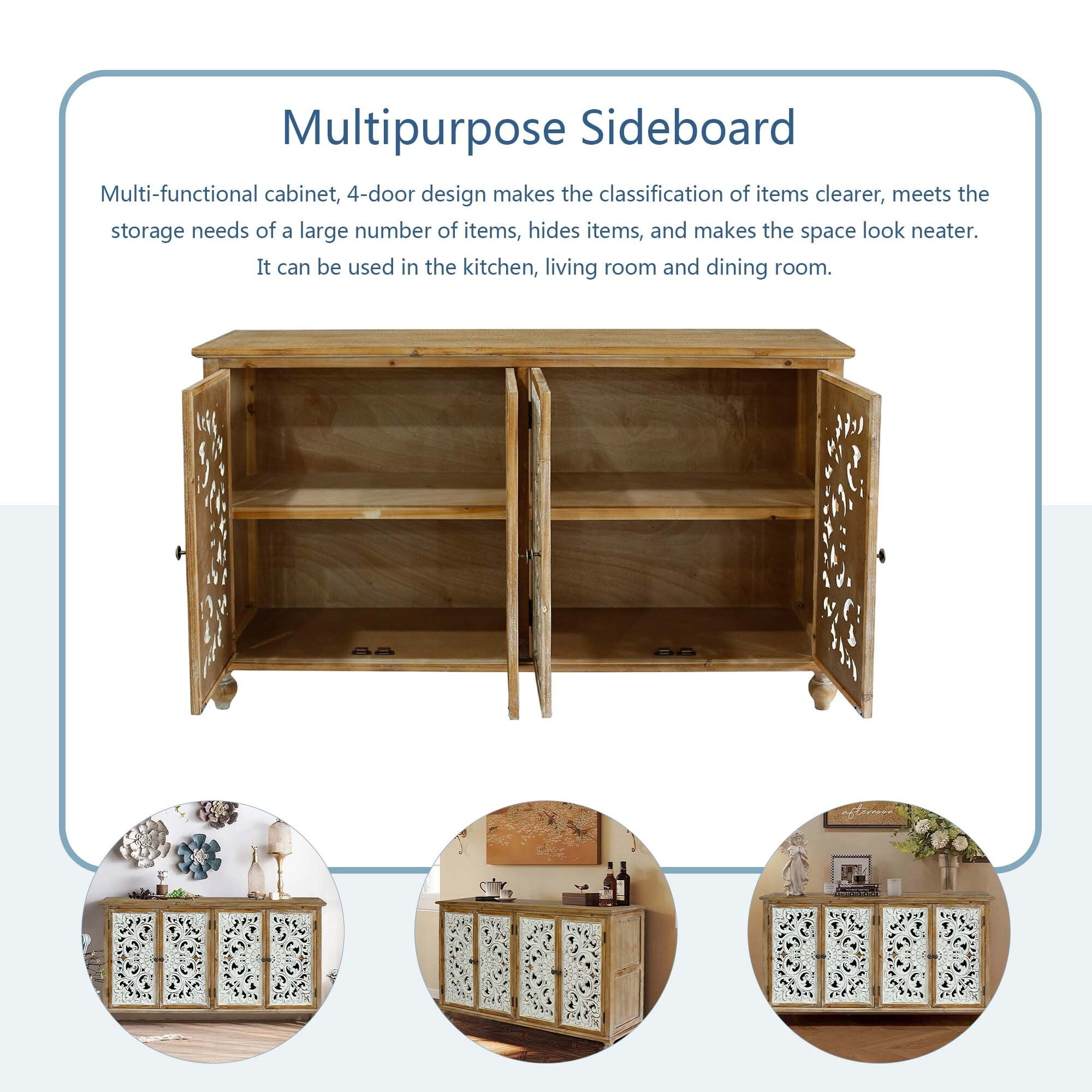 AENKYO Vintage Distressed Accent Cabinet Sideboard Buffet with Handmade Carved Doors and Adjustable Shelves, Natural Wood