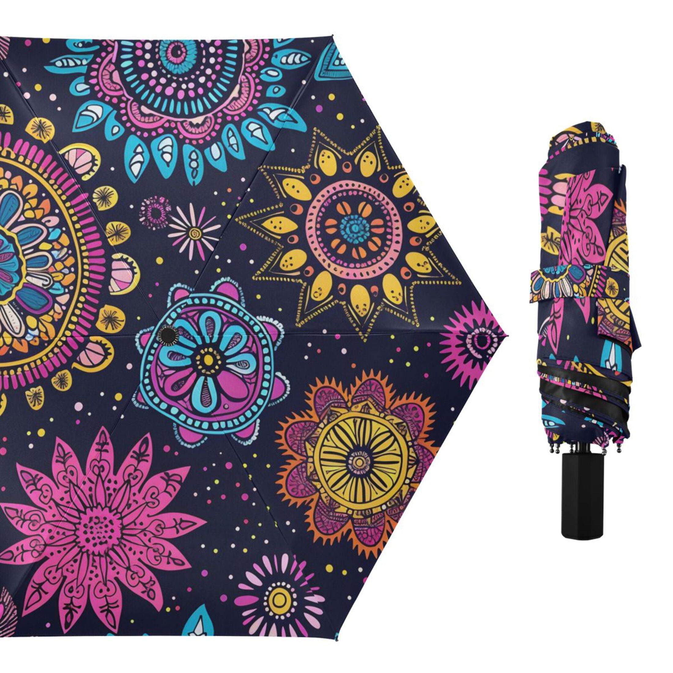 ALAZA Bohemian Mandala Flower UPF 50+ Compact Folding Umbrella for Rain Travel Umbrella Packable