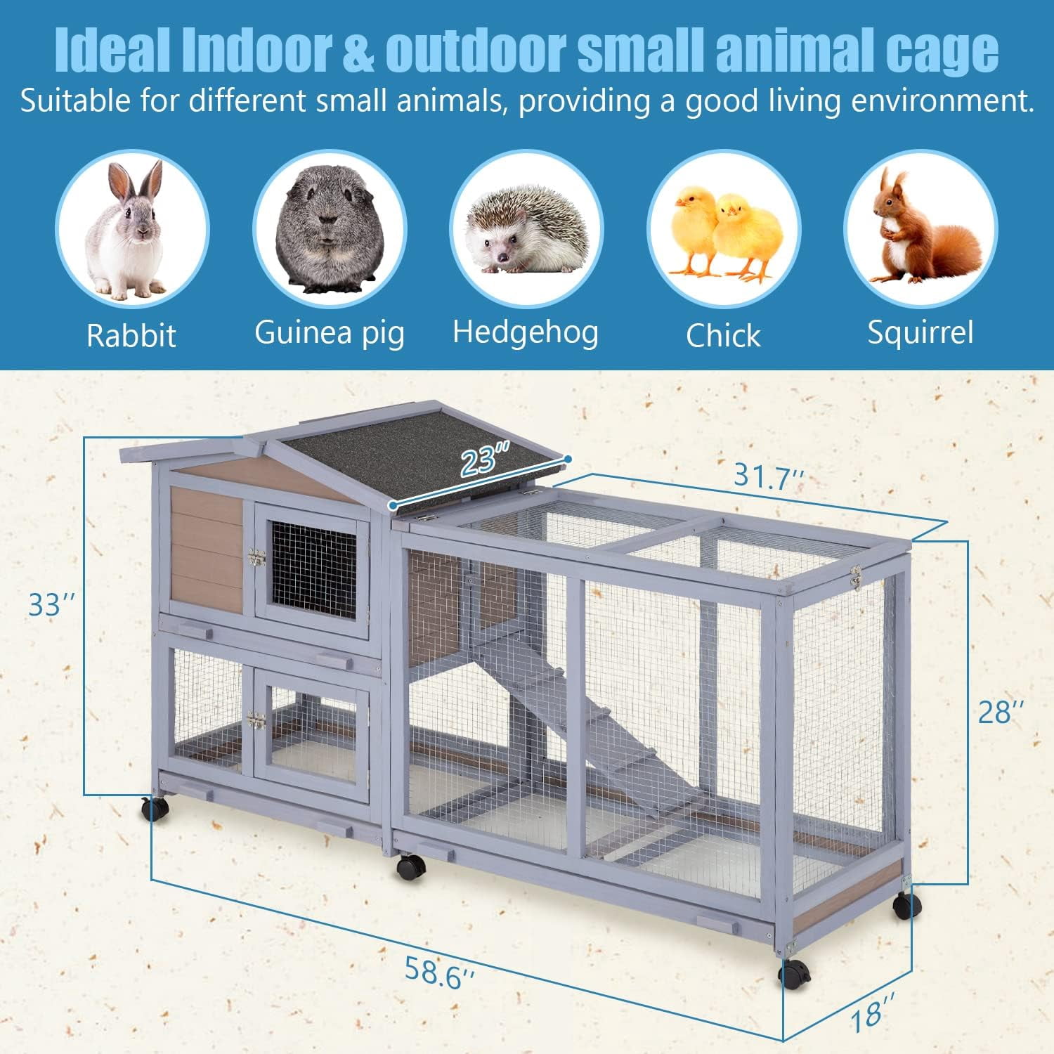 Wood Rabbit Hutch Rabbit Cage Bunny Hutch Rolling Large Bunny Cage Indoor Outdoor Two Story Guinea Pig Hamster Hutch Rabbit House with Wheels