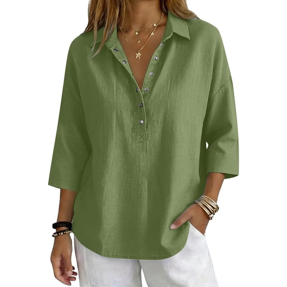 Elegyee Women's 3/4 Sleeve Loose Polo Shirt Casual Solid V Neck Collared Breathable Shirt