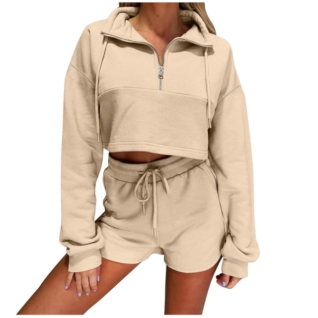 AherBiu Sweatsuits Women 2 Piece Outfit Long Sleeve Collared Crop Tops with Shorts Lounge Sets Tracksuits