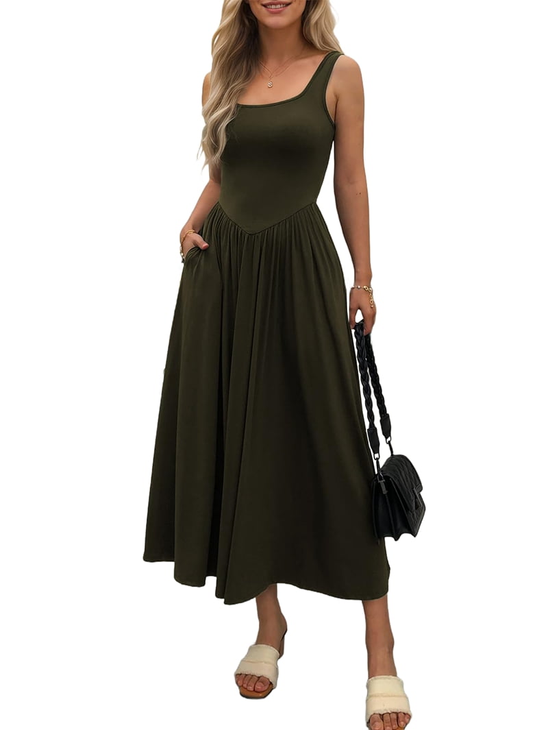 Women'S Summer Maxi Dress Sleeveless Square Neck Casual Beach Sundress with Pockets, Flowy Patchwork Knit Army Green XL
