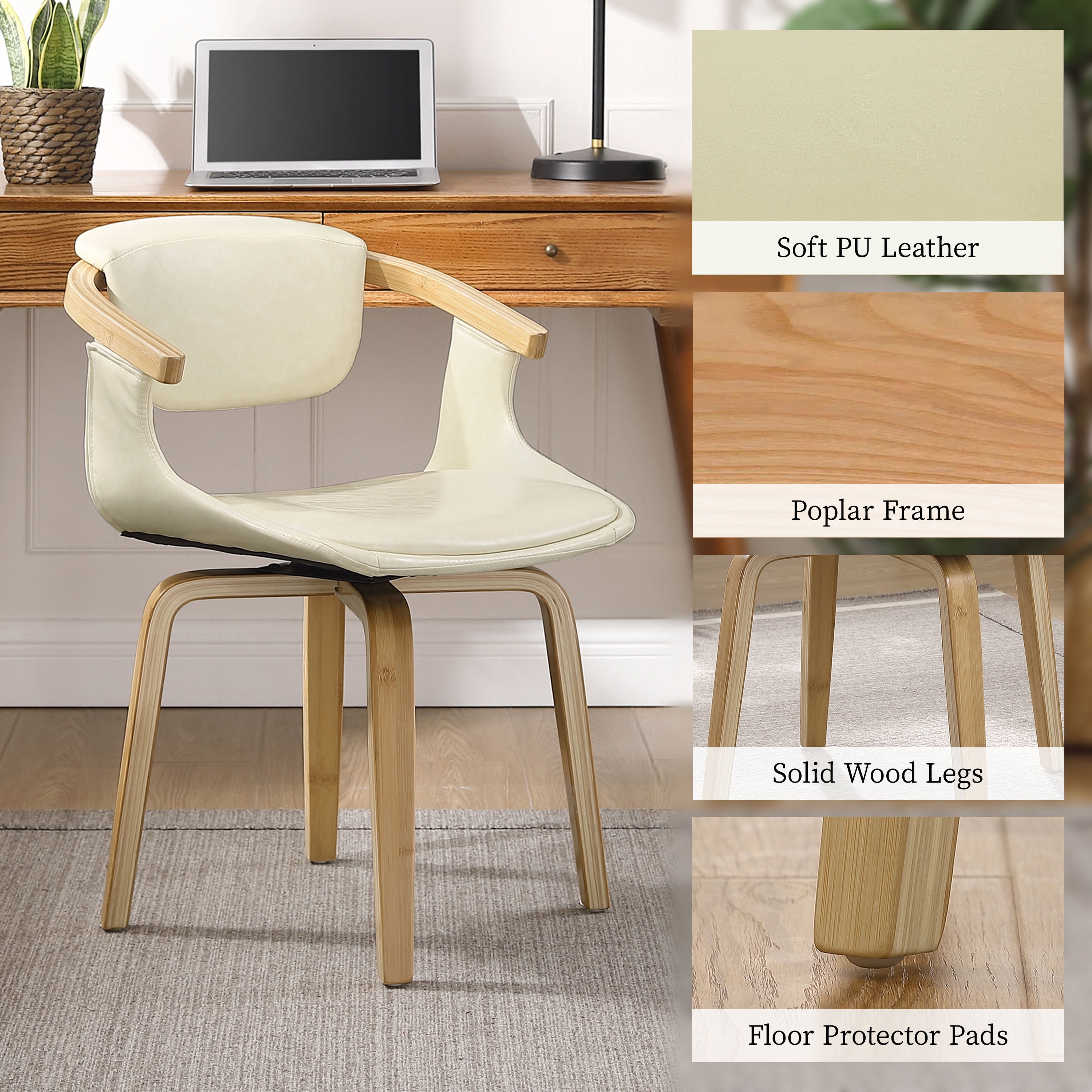 Art Leon Office Chair, Faux Leather Swivel Desk Chair with Wood Legs, Off-white