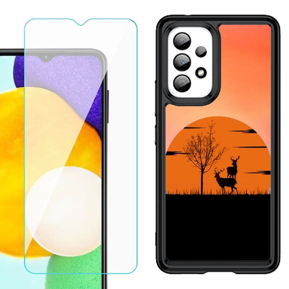 Shockproof Bumper (Black Frame) phone Case for Samsung Galaxy A23 5G, with Tempered Glass Screen Protector, by OneToughShield ® - Sunset Deer