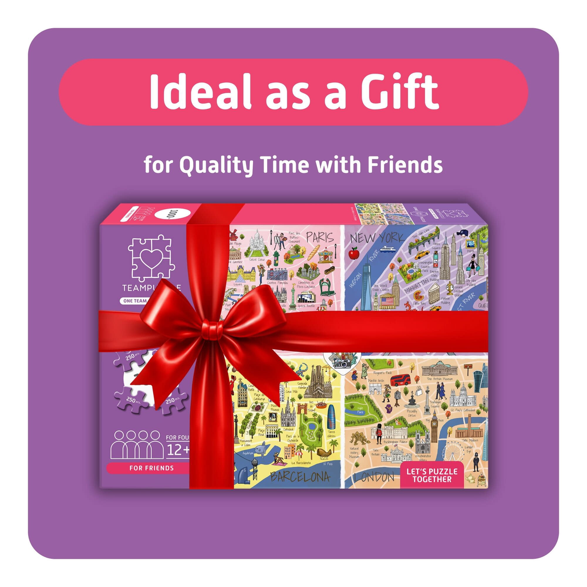 TEAMPUZZLE: City Trip - 1000pc Puzzle, 4 Jigsaw Sections, Around The World Travel Destinations, 27x19", Includes App Game Actions, Family-Friends 12+
