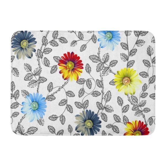FMSHPON Green Drawing Black Hibiscus Floral Pattern Blue Blossom Pink Flower Rug Doormat Bath Mat 23.6x15.7 inch