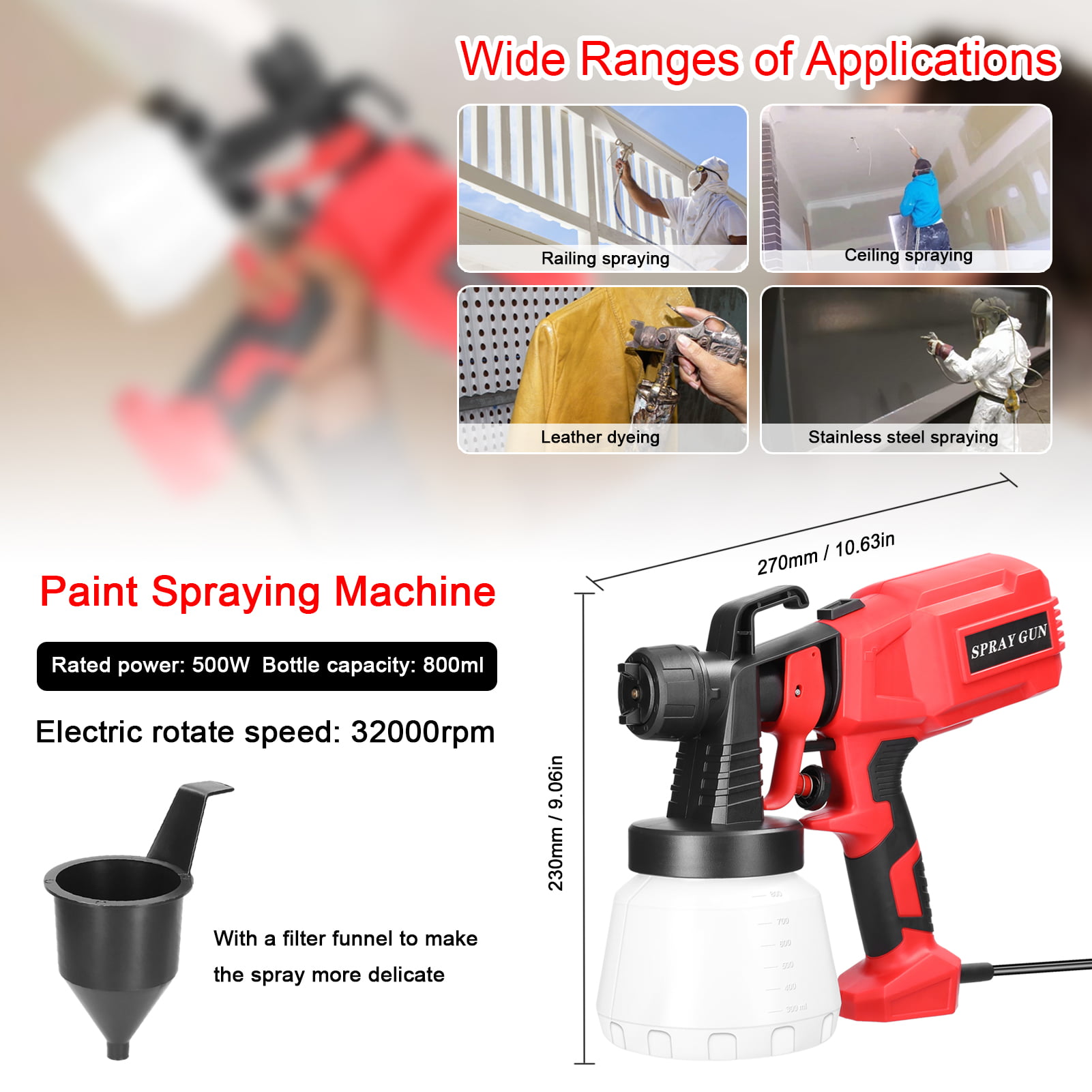 Cacagoo Paint Sprayer, 400W 800ml Electric HVLP Spray Gun for Furniture, Cabinets, House, Fence, Cars, Garage Doors, Red