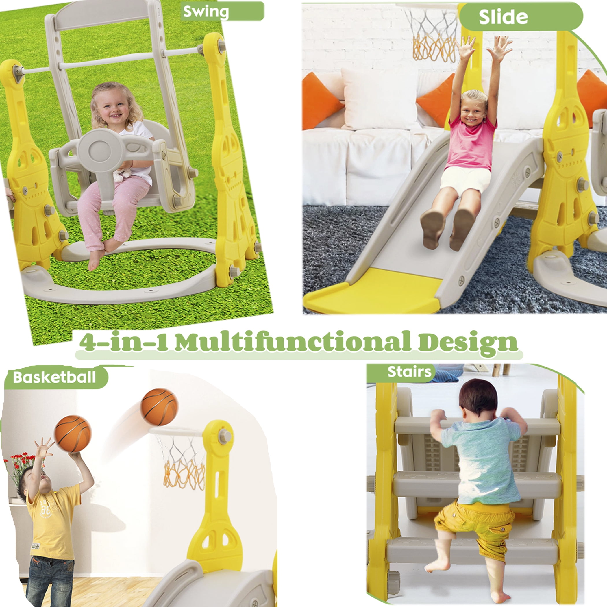 Ealing 4 in 1 Slide and Swing Set for Toddler Age 1–2 Indoor Outdoor Baby Swing Toys Playset with Climber Basketball Hoop, Yellow