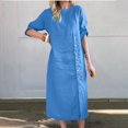 thumbnail image 4 of Vhkiploz Summer Long Tunic Linen Dress for Women's Solid Color Button-Up Front Split T-Shirt Dress Short Sleeve Round Neck Beach Straight Dress, 4 of 9