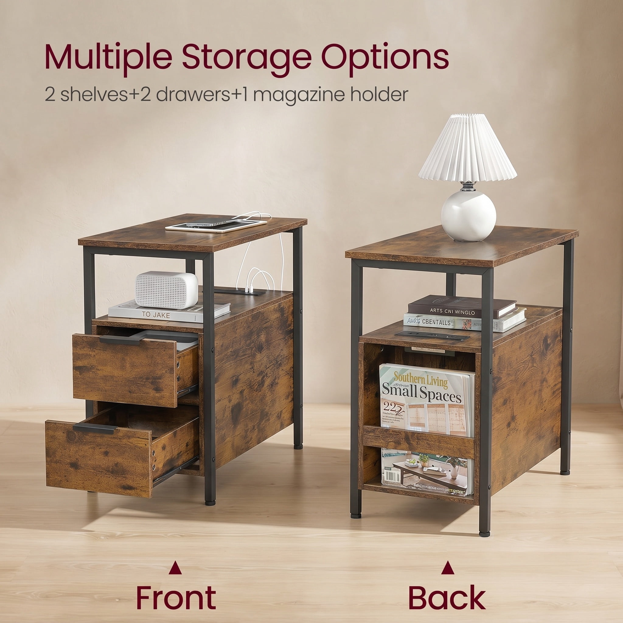 Nordic Hygge Slim Side Table with Charging Station and 2 Storage Drawers, Rustic Brown/Ink Black