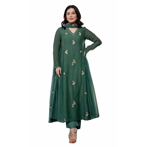 KLOSIA Women Embroidery Solid Anarkali Kurta and Pant Set with Dupatta - Indian Pakistani Ethnic Traditional Wear Anarkali Kurta Set