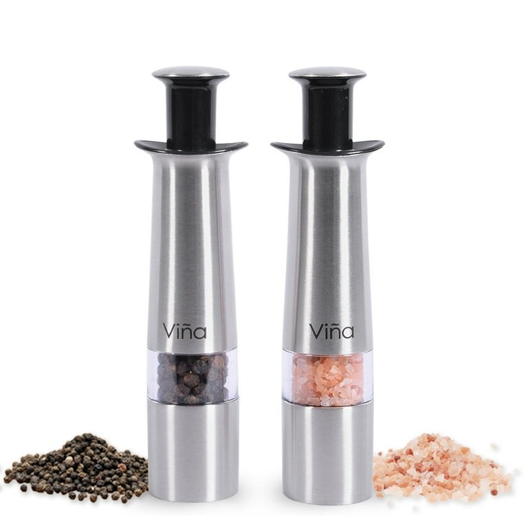 Vina Manual Salt Pepper Grinder Set with Bamboo Stand Mini Stainless Steel Thumb Push Mills for Gourmet Home Restaurant Buffet Pack of 2