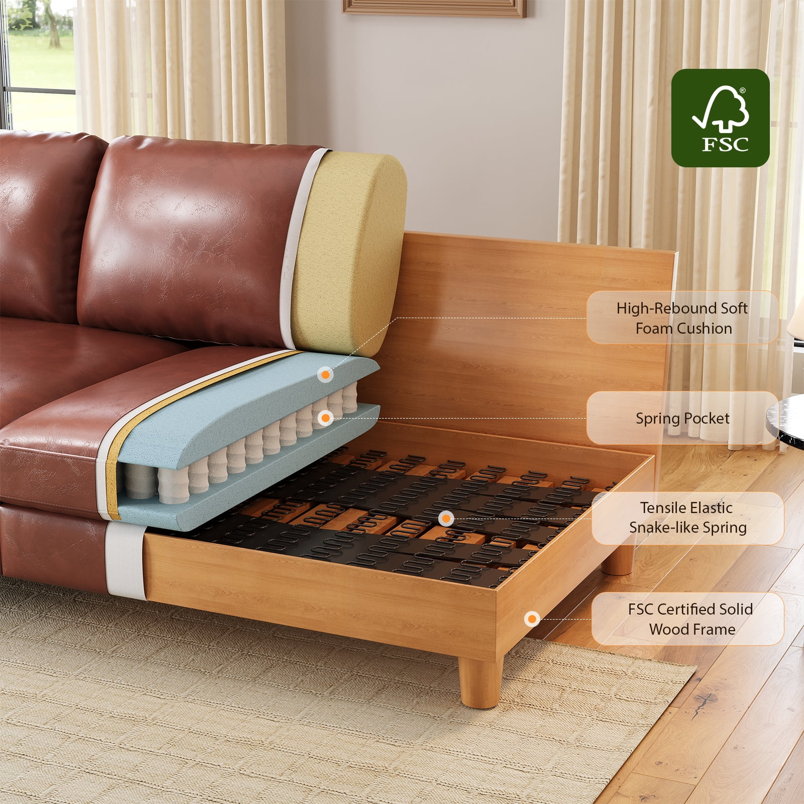 87" Couch Premium PU Leather Sofa, Comfy Extra Deep Seat 3 Seater Couch for Living Room, with 2 Pillows, Brown