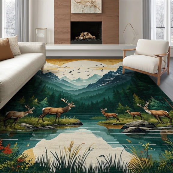 ODIKA 8'x10' Washable Area Rug Vintage Mountain Woodland Scenery With Deer Elk And Rustic Cloud Prints for King Size Bedroom Under Bed, Master Suite, Non-Shedding, Easy Care