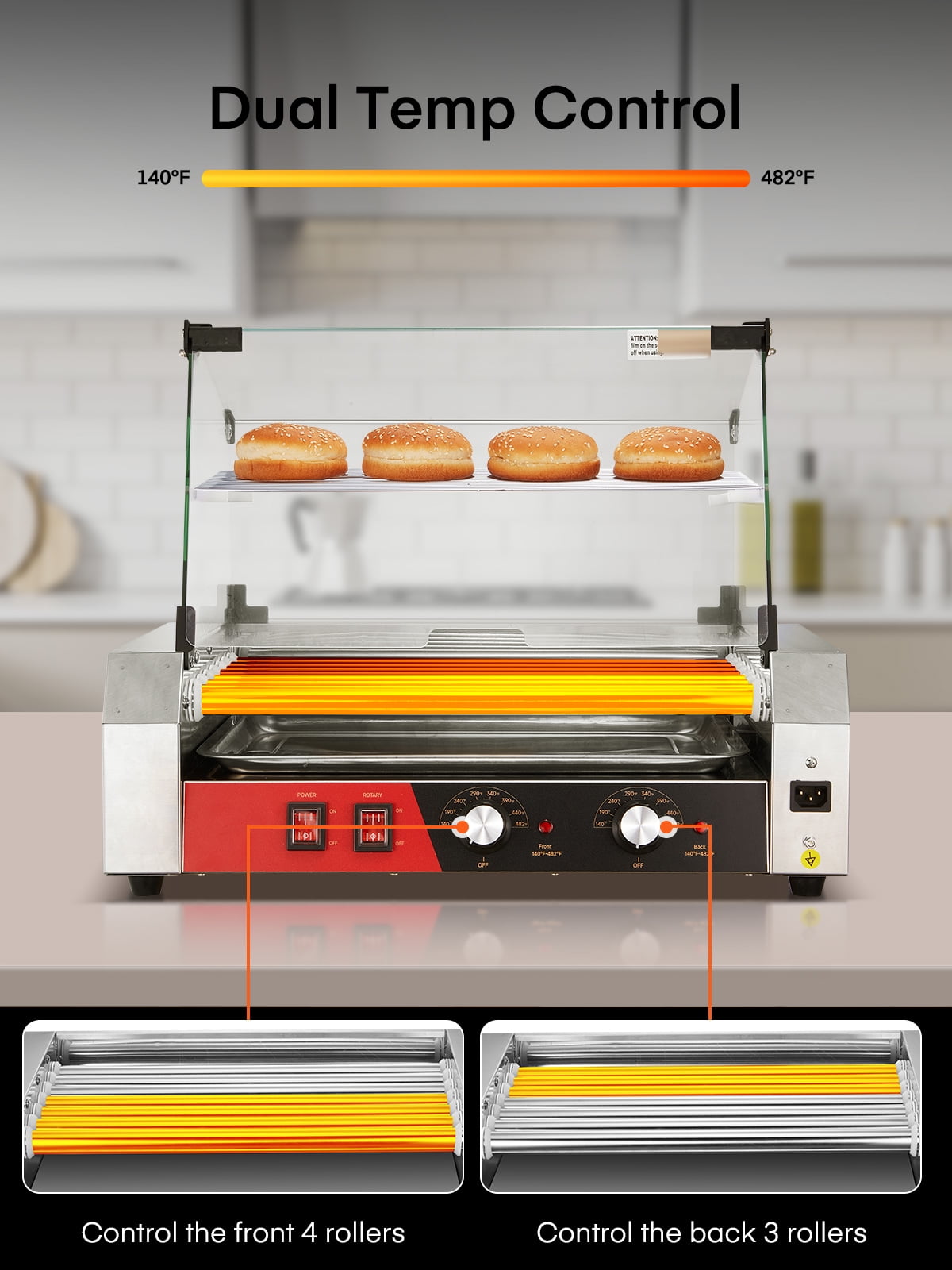 FOHERE Electric Hot Dog Roller, 18-24 Hot Hogs, 7 Roller Grill Cooker Machine Backsplash & Shelf 1050W