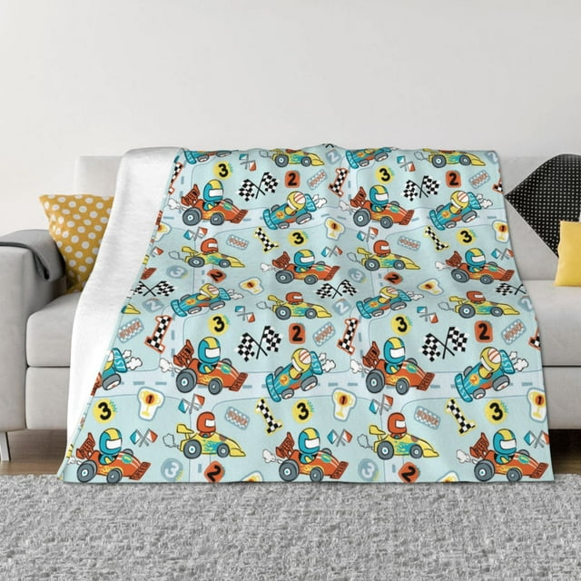 KLL Cartoon Car Racing Print Fleece Throw Blanket, Horizontal Fleece Bedding Cute Soft Blankets Comfy Fleece Flannel Plush Home Decor for Couch & Bed-50"x40"