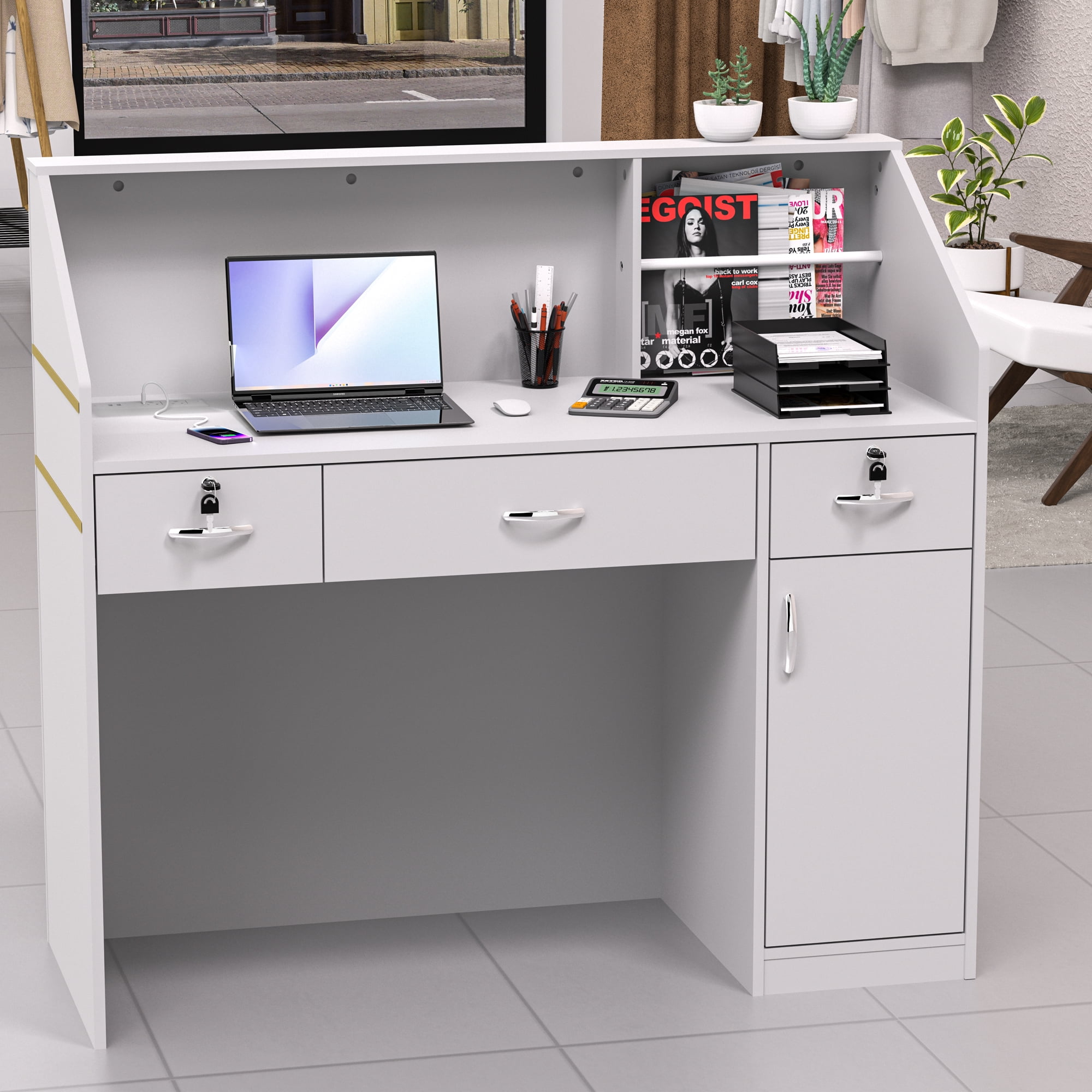 HARIPUL 50-inch Reception Desk with Counter, Front Desk Office Desk with Storage Shelves, White