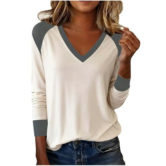 Busydd Womens Long Sleeve Tops Casual Versatile V Neck T Shirts for Women Trendy Colorblock Going Out Tops for Women L