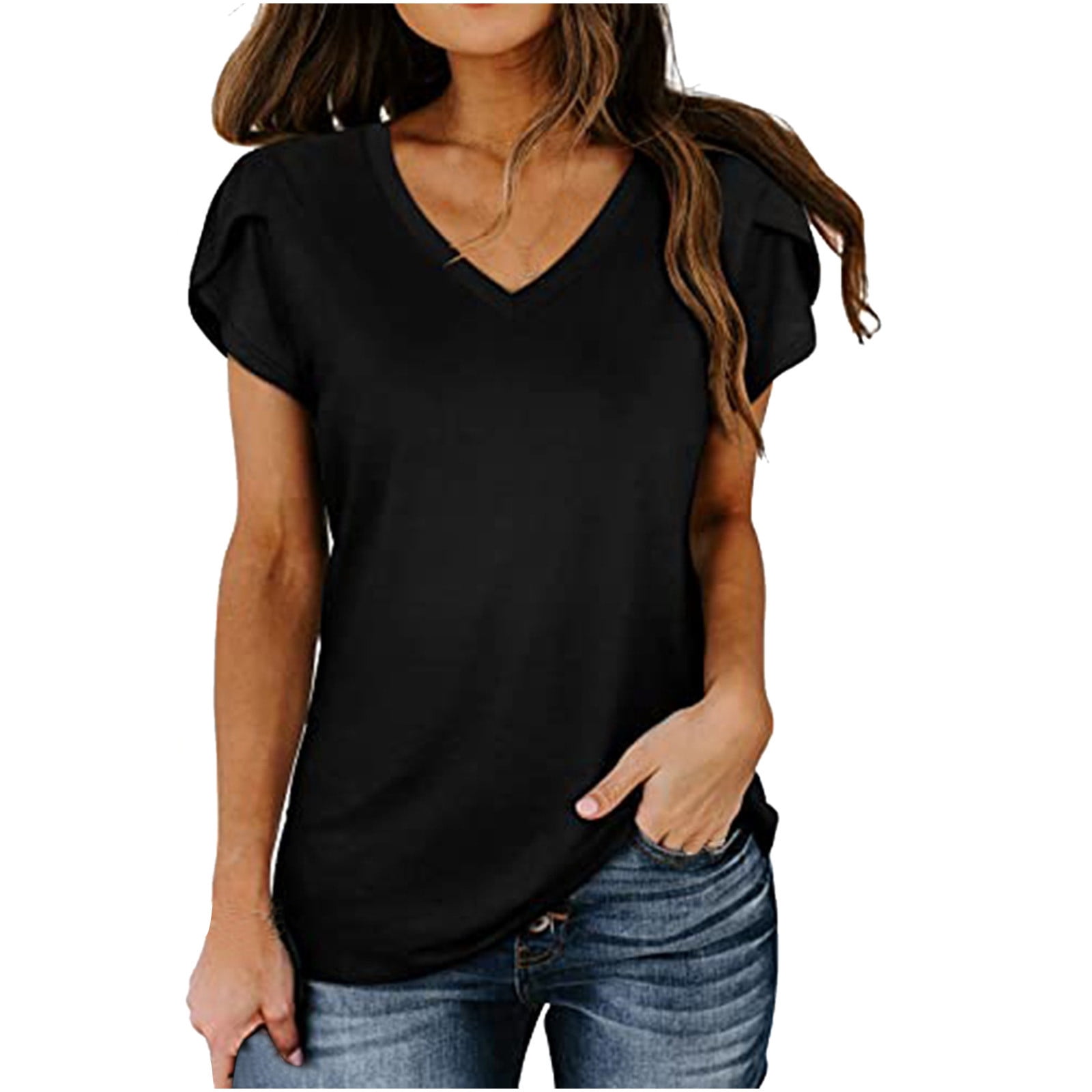 PrinStory Women's Casual Tops Short Sleeve V-Neck Shirts Loose Blouse Basic Tee T-Shirt