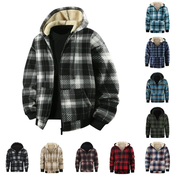 Horkkom Flannel Hoodie for Men Zip Up Fleece Jacket Warm Soft Winter Jacket with Pockets Hood M