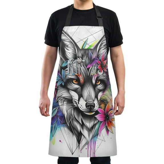 Kitchen Apron with 2 Pockets Adjustable waterproof Cooking Aprons for Women Men Chef Fox Head with Flower