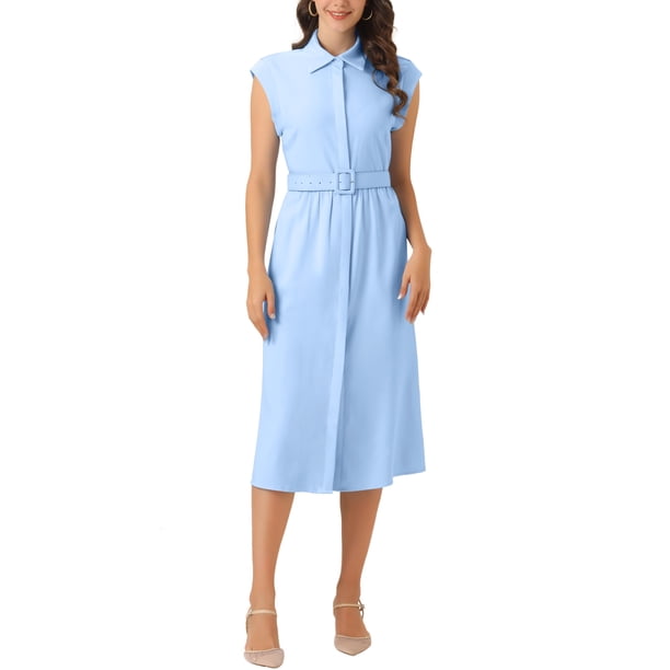 Vestidos sin mangas para mujer INSPIRE CHIC, con cuello, botones, cinturón en la cintura, midi, para trabajo, color azul