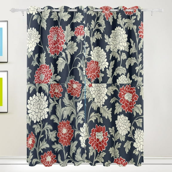 Red and White Floral Blackout Curtains for Living Room Bedroom 55W x 72/84L Insulated Window Drapes 2 Panels