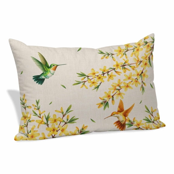 Spring Floral Pillow Covers, Linen Long Throw Pillow Case, Watercolor Forsythia Flowers Hummingbirds Beige Holiday Pillow Protector Decorative Cushion Cover for Living Room/Bedroom 12" x 20"